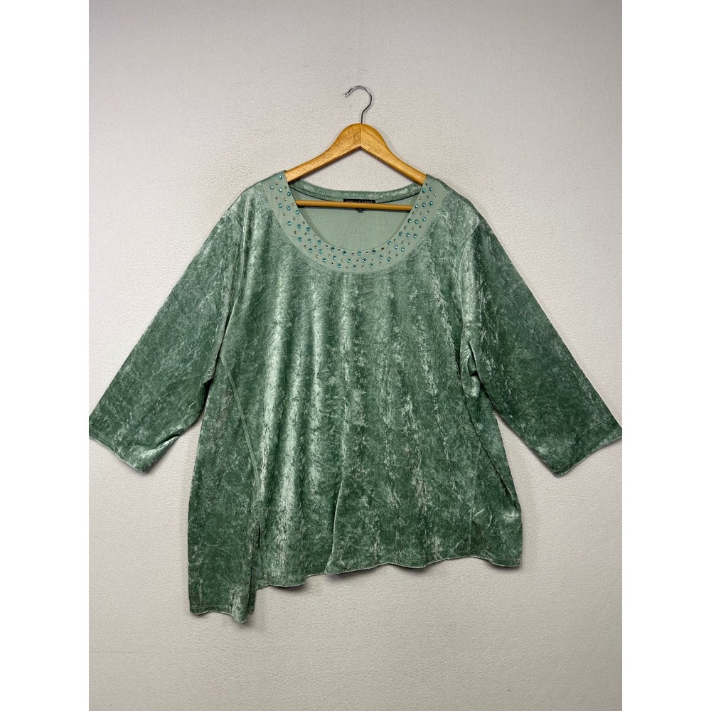 Elegant Boho Simply Elegant Womens 3X Green Crushed Velvet Beaded Tunic Blouse